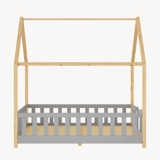 Cama de criança Treviolo forma de casa pinho + colchón 140x200 cm - Cinzento claro  Natural en.casa