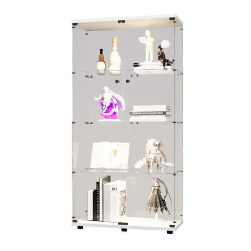 A vitrine de vidro com porta dupla é equipada com iluminação LED e é ideal para exibir vinhos finos e objetos de coleção possui um acabamento branco brilhante