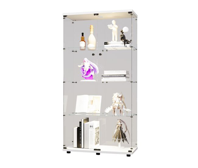 La vitrina de cristal de doble puerta cuenta con iluminación led y es ideal para exhibir vinos selectos y objetos de colección; presenta un acabado en