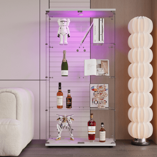 A vitrine de vidro com porta dupla é equipada com iluminação LED e é ideal para exibir vinhos finos e objetos de coleção possui um acabamento branco brilhante