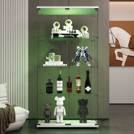 A vitrine de vidro com porta dupla é equipada com iluminação LED e é ideal para exibir vinhos finos e objetos de coleção possui um acabamento branco brilhante