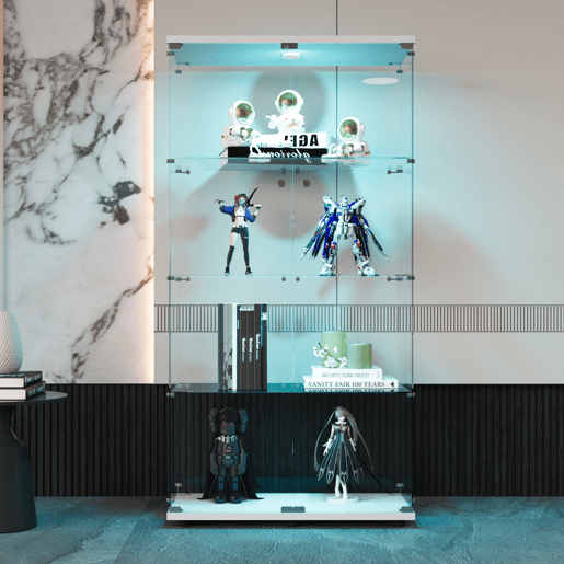 A vitrine de vidro com porta dupla é equipada com iluminação LED e é ideal para exibir vinhos finos e objetos de coleção possui um acabamento branco brilhante