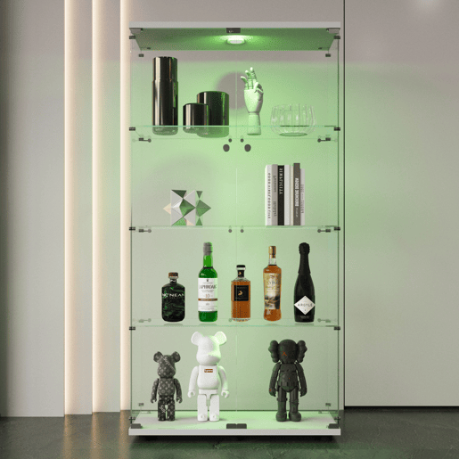 A vitrine de vidro com porta dupla é equipada com iluminação LED e é ideal para exibir vinhos finos e objetos de coleção possui um acabamento branco brilhante