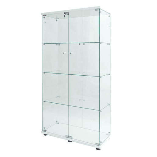 A vitrine de vidro com porta dupla é equipada com iluminação LED e é ideal para exibir vinhos finos e objetos de coleção possui um acabamento branco brilhante