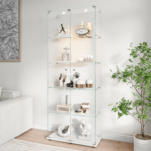 Vitrine em vidro com 5 níveis, LED, 78,5 × 34,5 × 186,5 cm, adequada para sala de estar e quarto Vitrine em vidro com 5 níveis, LED, 78,5 × 34,5 × 186,5 cm, adequada para sala de estar e quarto