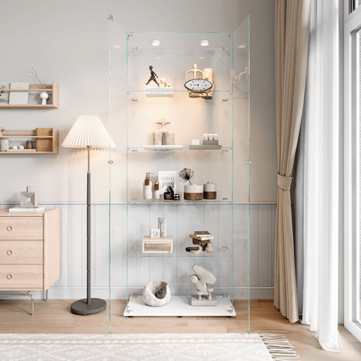 Vitrine em vidro com 5 níveis, LED, 78,5 × 34,5 × 186,5 cm, adequada para sala de estar e quarto Vitrine em vidro com 5 níveis, LED, 78,5 × 34,5 × 186,5 cm, adequada para sala de estar e quarto