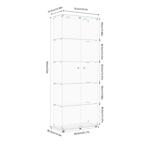 Vitrine em vidro com 5 níveis, LED, 78,5 × 34,5 × 186,5 cm, adequada para sala de estar e quarto Vitrine em vidro com 5 níveis, LED, 78,5 × 34,5 × 186,5 cm, adequada para sala de estar e quarto