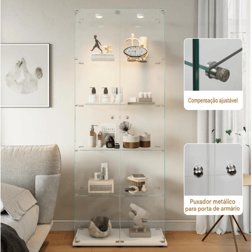 Vitrine em vidro com 5 níveis, LED, 78,5 × 34,5 × 186,5 cm, adequada para sala de estar e quarto Vitrine em vidro com 5 níveis, LED, 78,5 × 34,5 × 186,5 cm, adequada para sala de estar e quarto