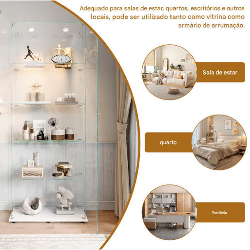 Vitrine em vidro com 5 níveis, LED, 78,5 × 34,5 × 186,5 cm, adequada para sala de estar e quarto Vitrine em vidro com 5 níveis, LED, 78,5 × 34,5 × 186,5 cm, adequada para sala de estar e quarto