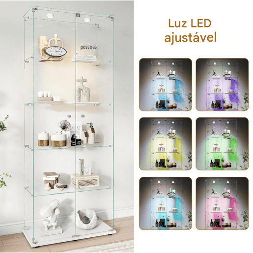 Vitrine em vidro com 5 níveis, LED, 78,5 × 34,5 × 186,5 cm, adequada para sala de estar e quarto Vitrine em vidro com 5 níveis, LED, 78,5 × 34,5 × 186,5 cm, adequada para sala de estar e quarto
