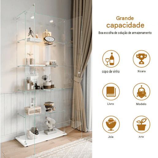 Vitrine em vidro com 5 níveis, LED, 78,5 × 34,5 × 186,5 cm, adequada para sala de estar e quarto Vitrine em vidro com 5 níveis, LED, 78,5 × 34,5 × 186,5 cm, adequada para sala de estar e quarto