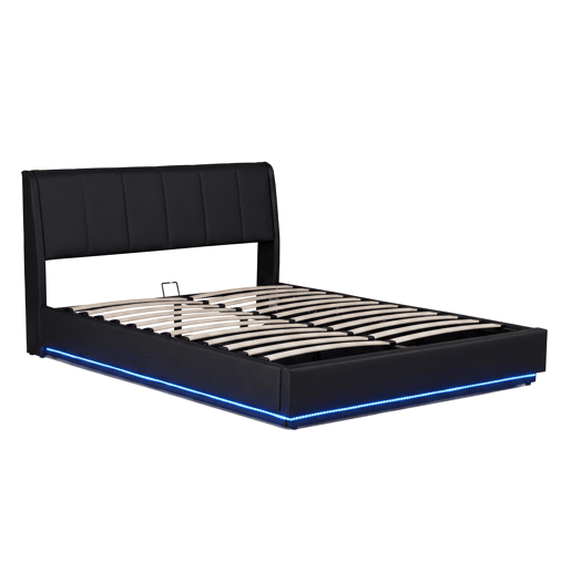 Cama estofada Tröstiar LED com base de ripas dobrável linho 160x200cm - Preto en.casa