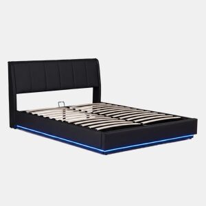 Cama estofada Tröstiar LED com base de ripas dobrável linho 160x200cm - Preto en.casa