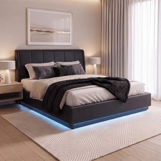 Cama estofada Tröstiar LED com base de ripas dobrável linho 160x200cm - Preto en.casa