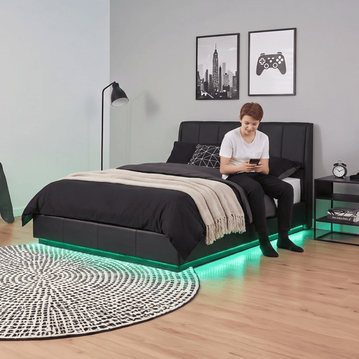 Cama estofada Tröstiar LED com base de ripas dobrável linho 160x200cm - Preto en.casa