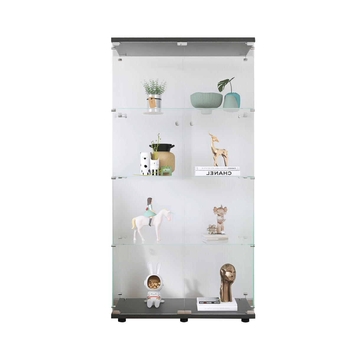 Vitrina de pie negra, ideal para exhibir objetos de colección, libros y vinos; adecuada para oficinas o salas de estar