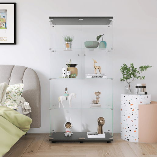 Vitrine preta de chão, ideal para exibir objetos de coleção, livros e vinhos adequada para escritórios ou salas de estar