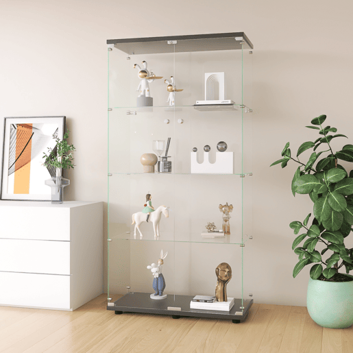 Vitrine preta de chão, ideal para exibir objetos de coleção, livros e vinhos adequada para escritórios ou salas de estar