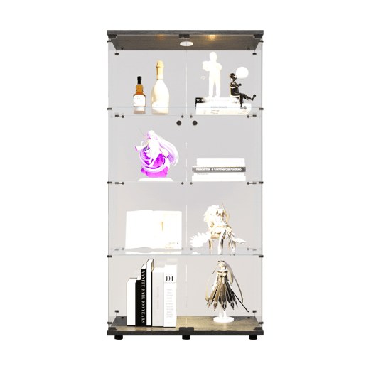 Vitrine em vidro preto com iluminação LED, 4 prateleiras, armário independente adequado para salas de estar, quartos ou escritórios. Vitrine em vidro preto com iluminação LED, 4 prateleiras, armário independente adequado para salas de estar, quartos ou escritórios.