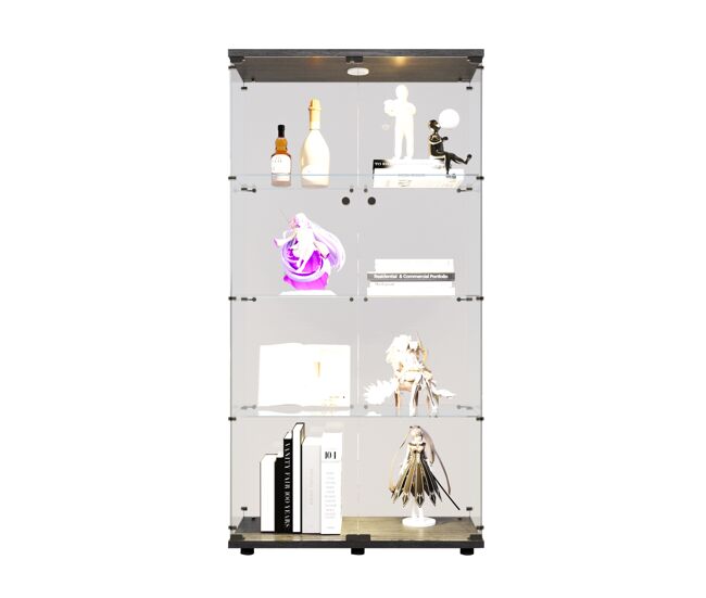 Vitrina de cristal negro con iluminación led y 4 estantes; un mueble independiente apto para salas de estar, dormitorios u oficinas.