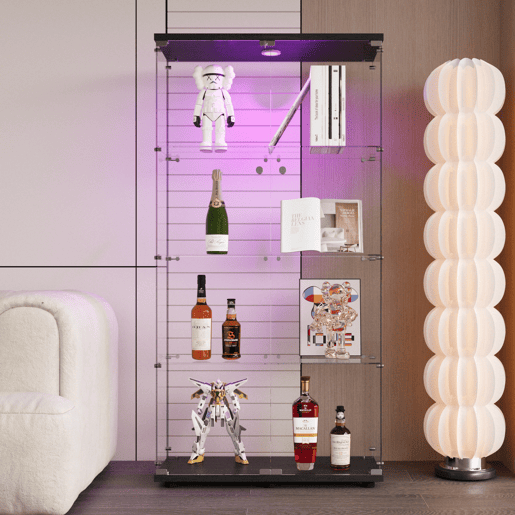 Vitrine em vidro preto com iluminação LED, 4 prateleiras, armário independente adequado para salas de estar, quartos ou escritórios. Vitrine em vidro preto com iluminação LED, 4 prateleiras, armário independente adequado para salas de estar, quartos ou escritórios.