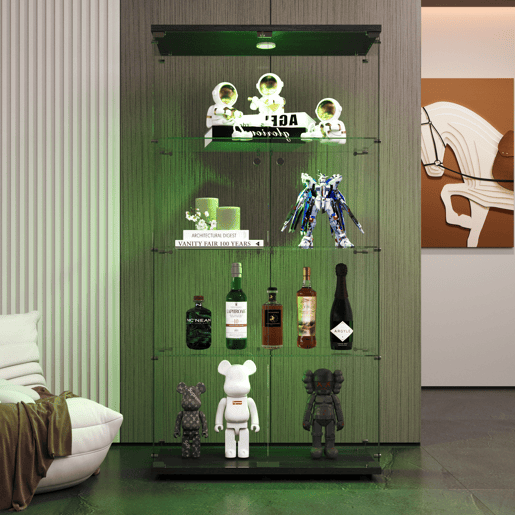 Vitrine em vidro preto com iluminação LED, 4 prateleiras, armário independente adequado para salas de estar, quartos ou escritórios. Vitrine em vidro preto com iluminação LED, 4 prateleiras, armário independente adequado para salas de estar, quartos ou escritórios.