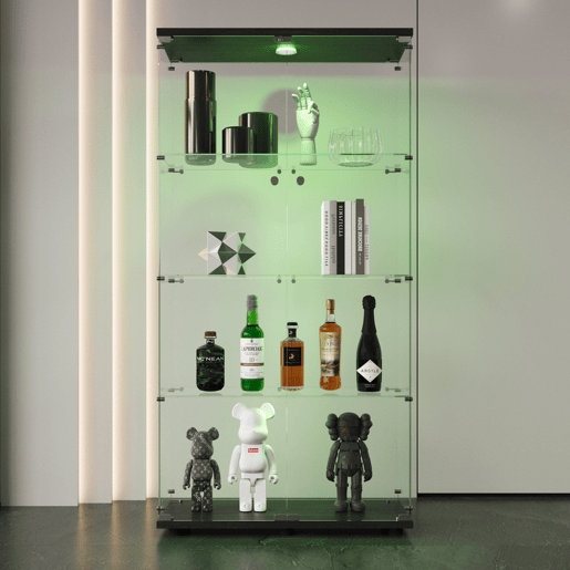 Vitrine em vidro preto com iluminação LED, 4 prateleiras, armário independente adequado para salas de estar, quartos ou escritórios. Vitrine em vidro preto com iluminação LED, 4 prateleiras, armário independente adequado para salas de estar, quartos ou escritórios.