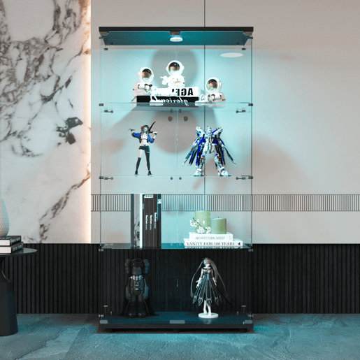 Vitrine em vidro preto com iluminação LED, 4 prateleiras, armário independente adequado para salas de estar, quartos ou escritórios. Vitrine em vidro preto com iluminação LED, 4 prateleiras, armário independente adequado para salas de estar, quartos ou escritórios.