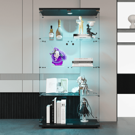 Vitrine em vidro preto com iluminação LED, 4 prateleiras, armário independente adequado para salas de estar, quartos ou escritórios. Vitrine em vidro preto com iluminação LED, 4 prateleiras, armário independente adequado para salas de estar, quartos ou escritórios.