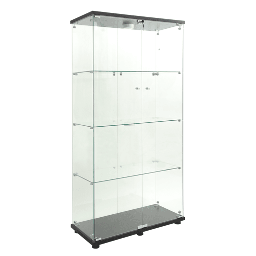 Vitrine em vidro preto com iluminação LED, 4 prateleiras, armário independente adequado para salas de estar, quartos ou escritórios. Vitrine em vidro preto com iluminação LED, 4 prateleiras, armário independente adequado para salas de estar, quartos ou escritórios.