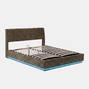 Cama estofada Tröstiar LED com base de ripas dobrável linho 160x200cm - Verde en.casa