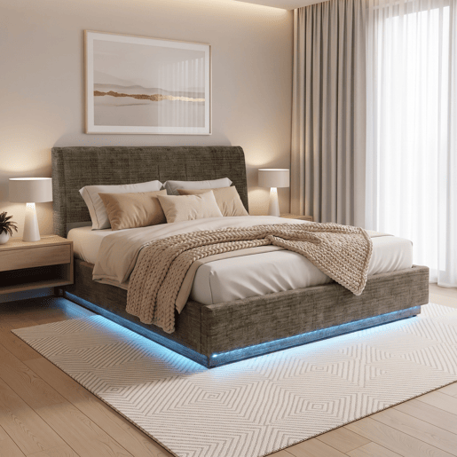 Cama estofada Tröstiar LED com base de ripas dobrável linho 160x200cm - Verde en.casa Cama estofada Tröstiar LED com base de ripas dobrável linho 160x200cm - Verde en.casa