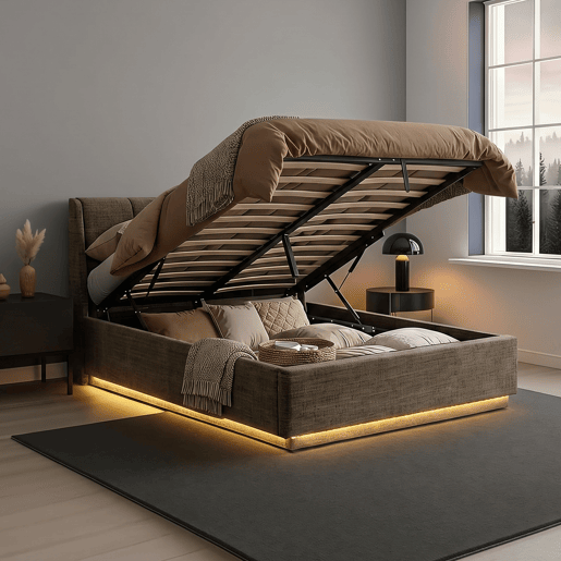 Cama estofada Tröstiar LED com base de ripas dobrável linho 160x200cm - Verde en.casa Cama estofada Tröstiar LED com base de ripas dobrável linho 160x200cm - Verde en.casa