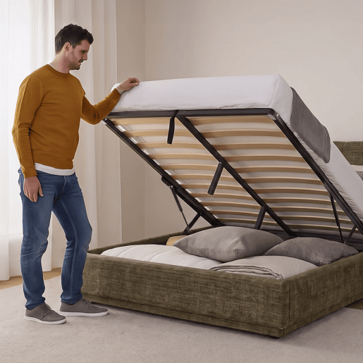Cama estofada Tröstiar LED com base de ripas dobrável linho 160x200cm - Verde en.casa Cama estofada Tröstiar LED com base de ripas dobrável linho 160x200cm - Verde en.casa