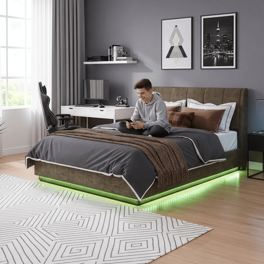 Cama estofada Tröstiar LED com base de ripas dobrável linho 160x200cm - Verde en.casa Cama estofada Tröstiar LED com base de ripas dobrável linho 160x200cm - Verde en.casa