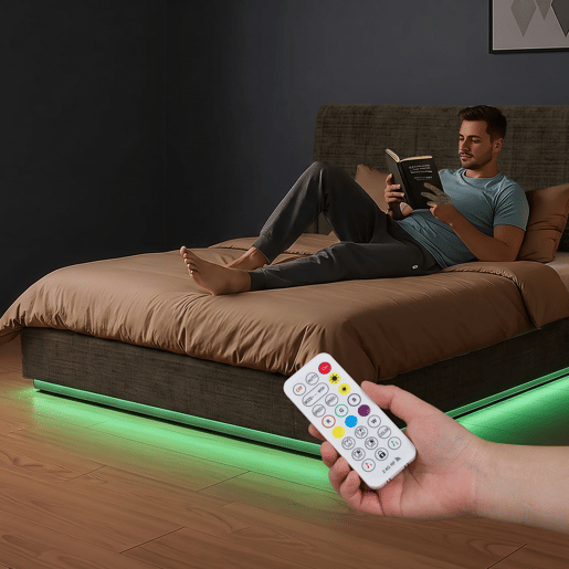 Cama estofada Tröstiar LED com base de ripas dobrável linho 160x200cm - Verde en.casa Cama estofada Tröstiar LED com base de ripas dobrável linho 160x200cm - Verde en.casa