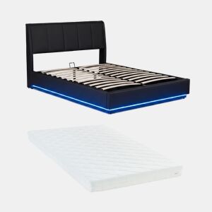 Cama estofada Tröstiar LED com base de ripas dobrável couro sintético + colchão 140x200cm - Preto en.casa