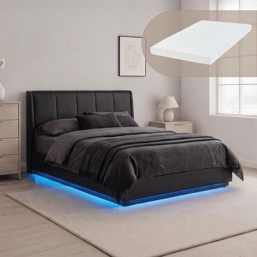 Cama estofada Tröstiar LED com base de ripas dobrável couro sintético + colchão 140x200cm - Preto en.casa Cama estofada Tröstiar LED com base de ripas dobrável couro sintético + colchão 140x200cm - Preto en.casa