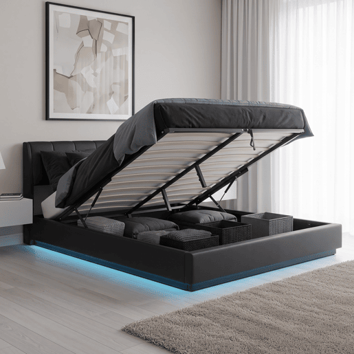 Cama estofada Tröstiar LED com base de ripas dobrável couro sintético + colchão 140x200cm - Preto en.casa Cama estofada Tröstiar LED com base de ripas dobrável couro sintético + colchão 140x200cm - Preto en.casa