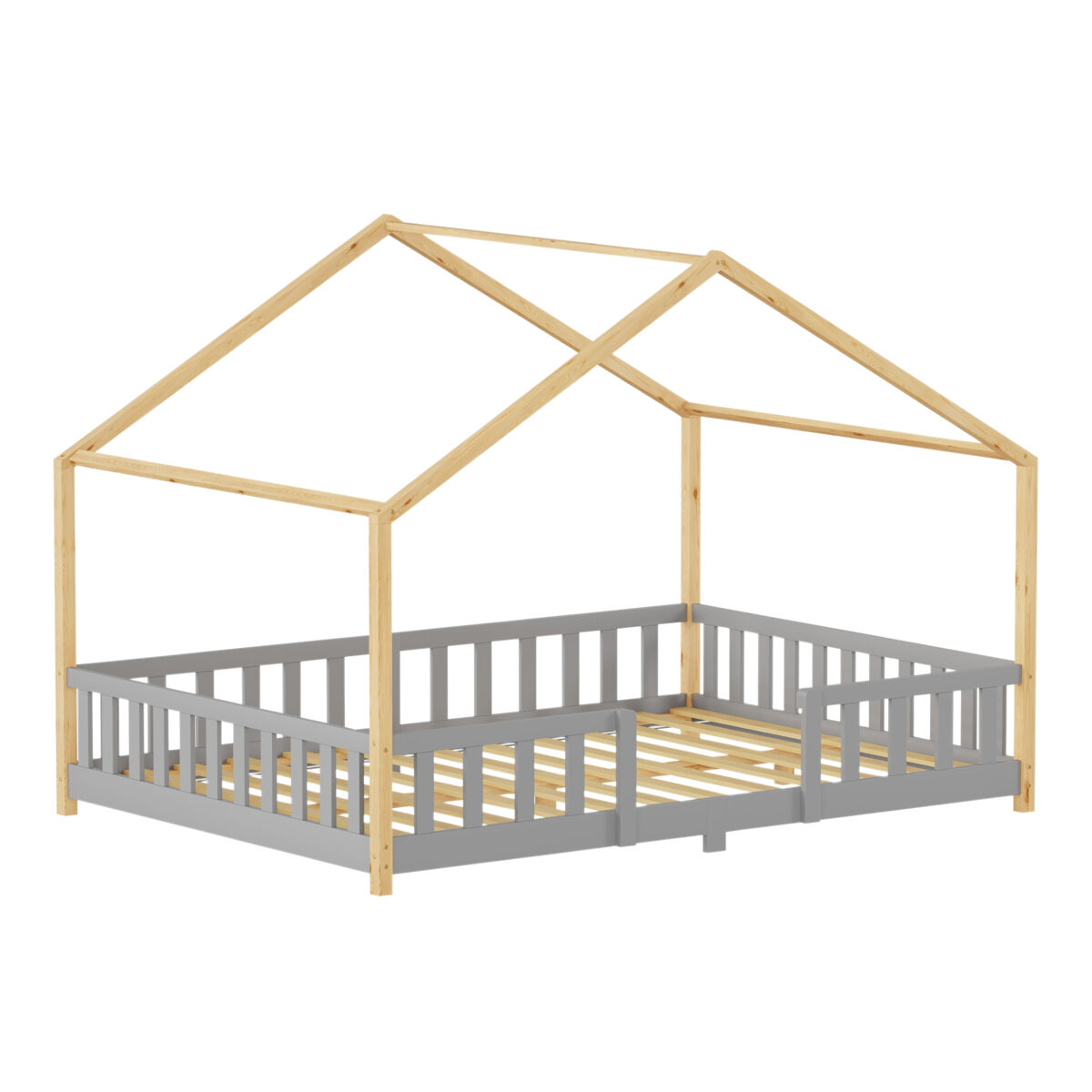 Cama para niños treviolo forma de casa pino 120x200 cm gris claro / natural [en.casa]