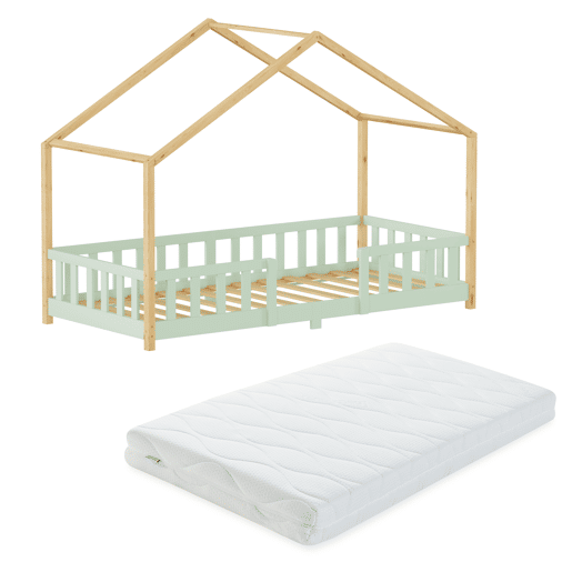 Cama de criança Treviolo forma de casa pinho + colchón 90x200 cm - Verde menta Natural en.casa Cama de criança Treviolo forma de casa pinho + colchón 90x200 cm - Verde menta Natural en.casa