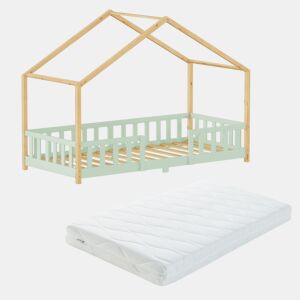 Cama de criança Treviolo forma de casa pinho + colchón 90x200 cm - Verde menta  Natural en.casa
