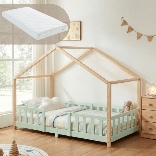 Cama de criança Treviolo forma de casa pinho + colchón 90x200 cm - Verde menta Natural en.casa Cama de criança Treviolo forma de casa pinho + colchón 90x200 cm - Verde menta Natural en.casa