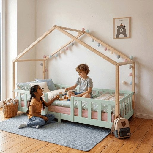 Cama de criança Treviolo forma de casa pinho + colchón 90x200 cm - Verde menta Natural en.casa Cama de criança Treviolo forma de casa pinho + colchón 90x200 cm - Verde menta Natural en.casa