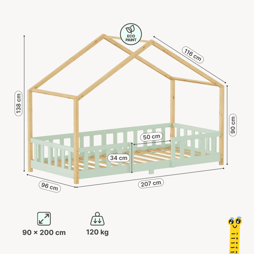 Cama de criança Treviolo forma de casa pinho + colchón 90x200 cm - Verde menta Natural en.casa Cama de criança Treviolo forma de casa pinho + colchón 90x200 cm - Verde menta Natural en.casa