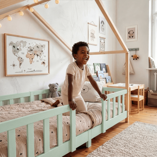 Cama de criança Treviolo forma de casa pinho + colchón 90x200 cm - Verde menta Natural en.casa Cama de criança Treviolo forma de casa pinho + colchón 90x200 cm - Verde menta Natural en.casa