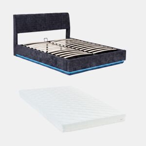 Cama estofada Tröstiar LED com base de ripas dobrável linho + colchão 160x200cm - Azul en.casa