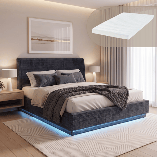 Cama estofada Tröstiar LED com base de ripas dobrável linho + colchão 160x200cm - Azul en.casa Cama estofada Tröstiar LED com base de ripas dobrável linho + colchão 160x200cm - Azul en.casa