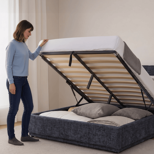 Cama estofada Tröstiar LED com base de ripas dobrável linho + colchão 160x200cm - Azul en.casa Cama estofada Tröstiar LED com base de ripas dobrável linho + colchão 160x200cm - Azul en.casa