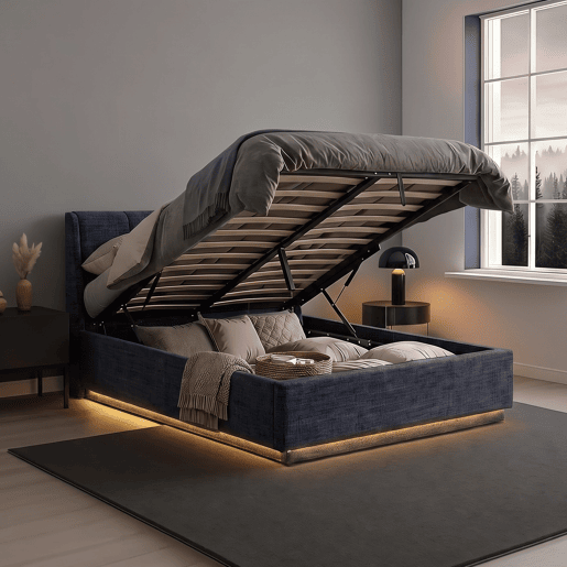 Cama estofada Tröstiar LED com base de ripas dobrável linho + colchão 160x200cm - Azul en.casa Cama estofada Tröstiar LED com base de ripas dobrável linho + colchão 160x200cm - Azul en.casa